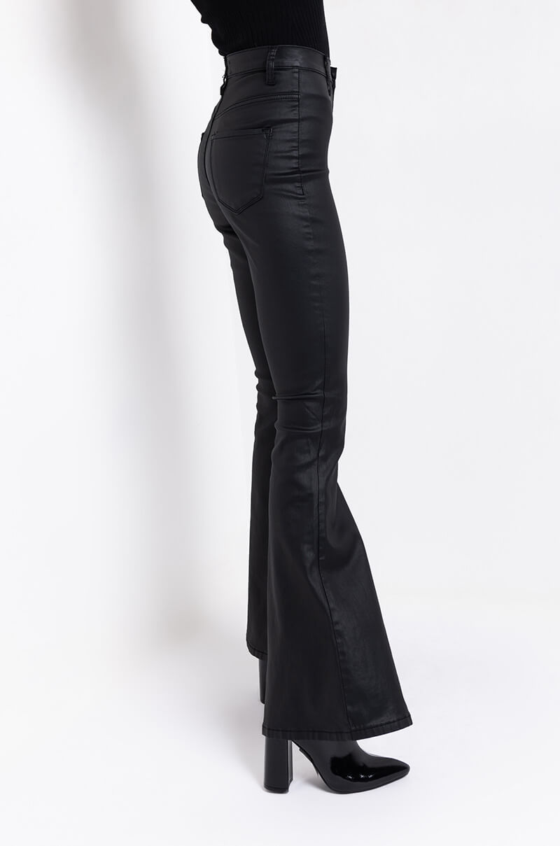 ON DUTY FAUX LEATHER HIGH RISE FLARE PANTS