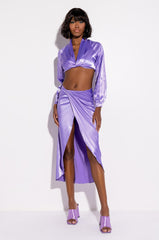 ON MY LEVEL WRAP FRONT SATIN MIDI SKIRT