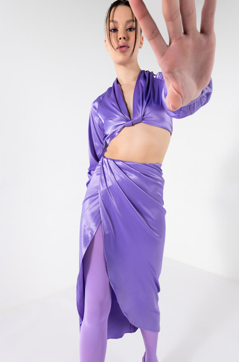ON MY LEVEL WRAP FRONT SATIN MIDI SKIRT
