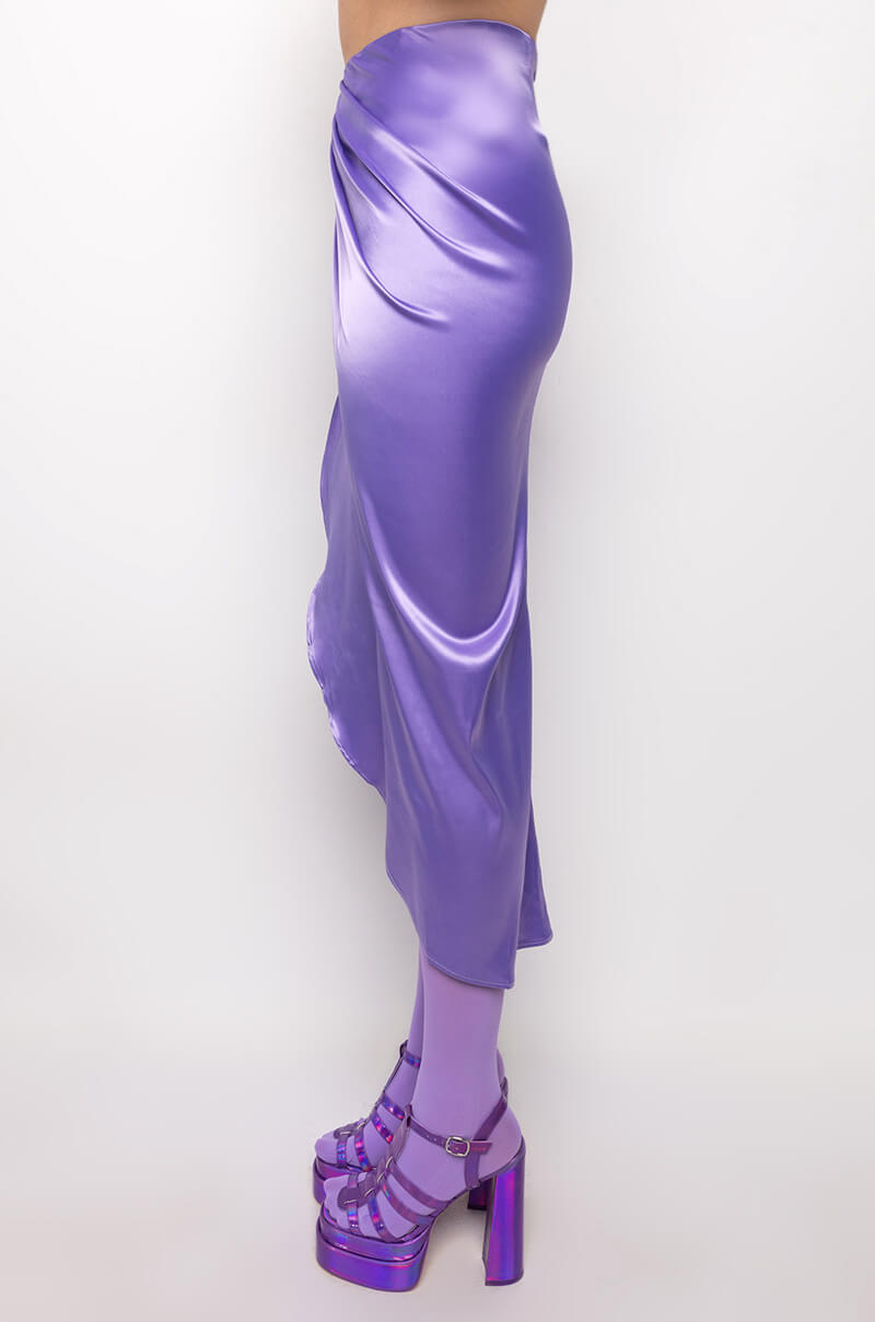 ON MY LEVEL WRAP FRONT SATIN MIDI SKIRT