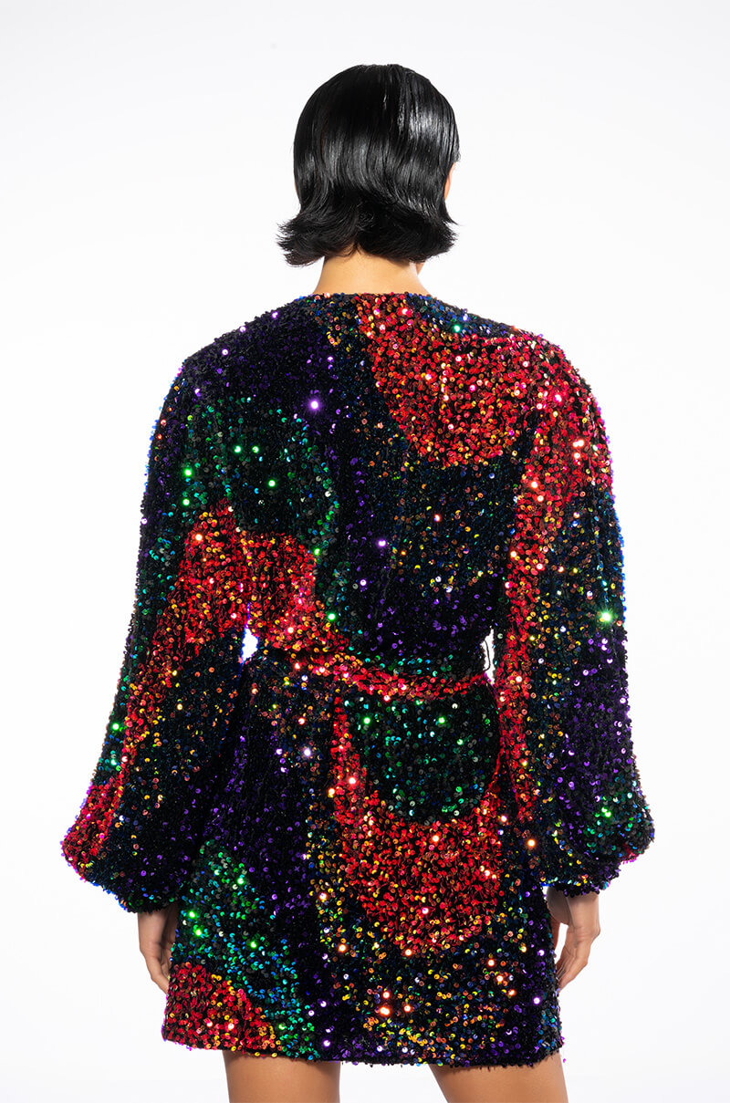 ON MY TIME SEQUIN WRAP MINI DRESS