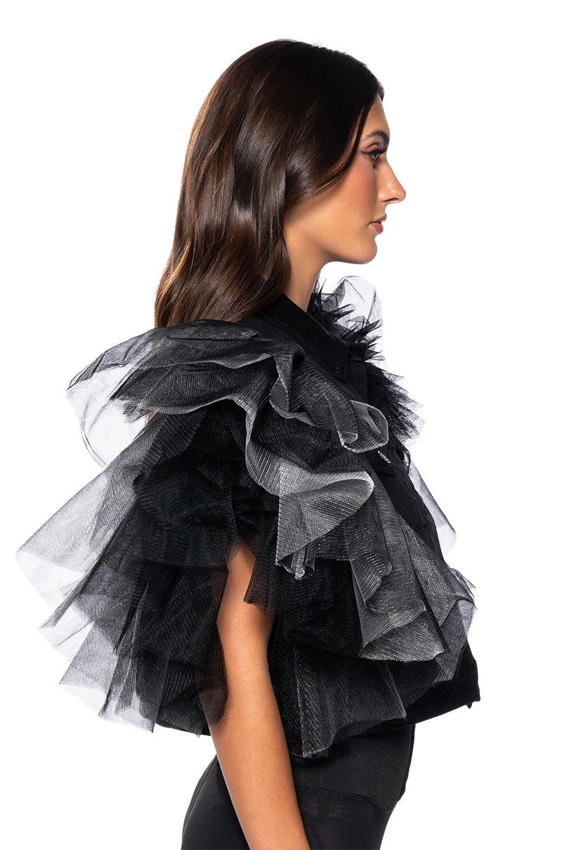 ON REPEAT TULLE SHOULDER VEST IN BLACK PU