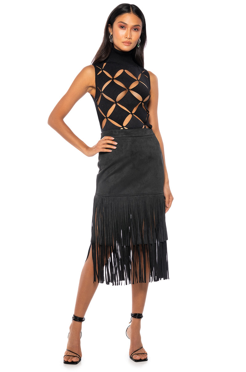 ON THE LOOK OUT FRINGE MIDI SKIRT