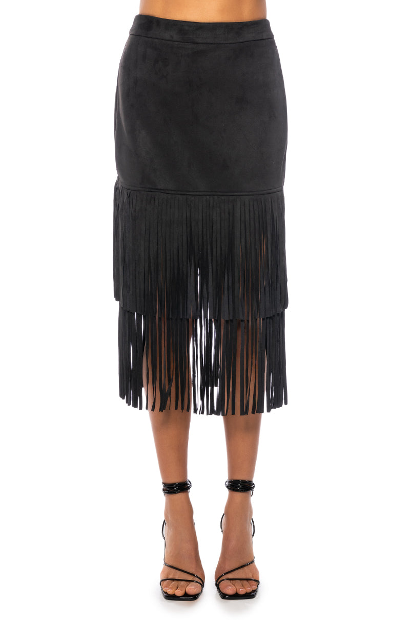 ON THE LOOK OUT FRINGE MIDI SKIRT