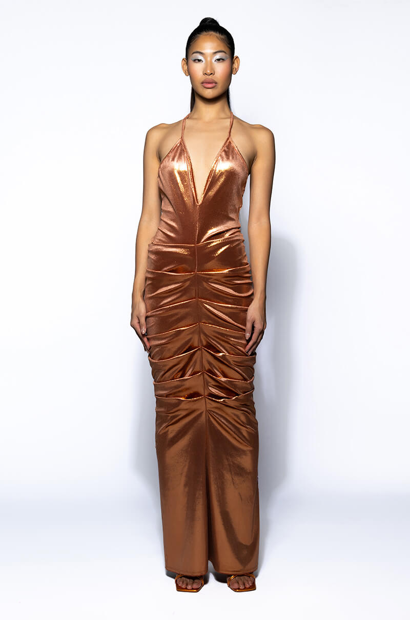 ONE NIGHT ONLY RUCHED METALLIC MAXI DRESS