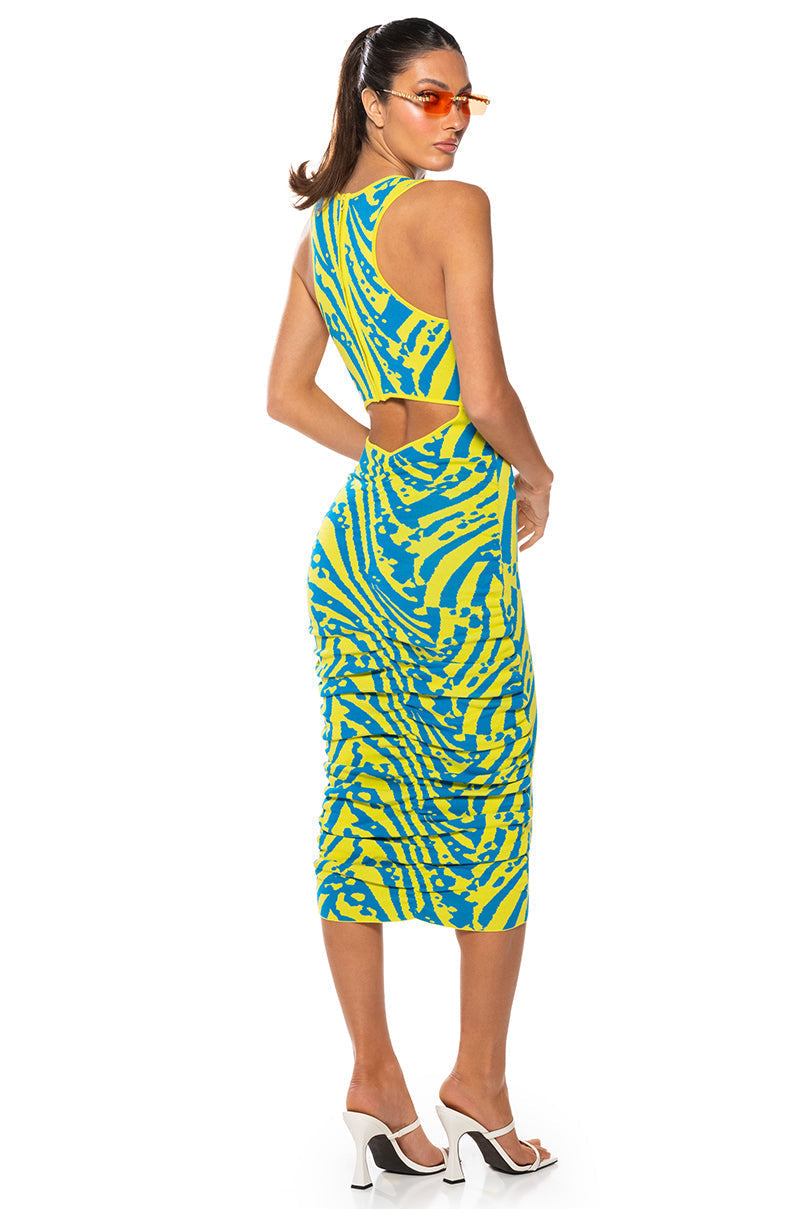OUT AND ABOUT RUCHED BACK MIDI DRESS