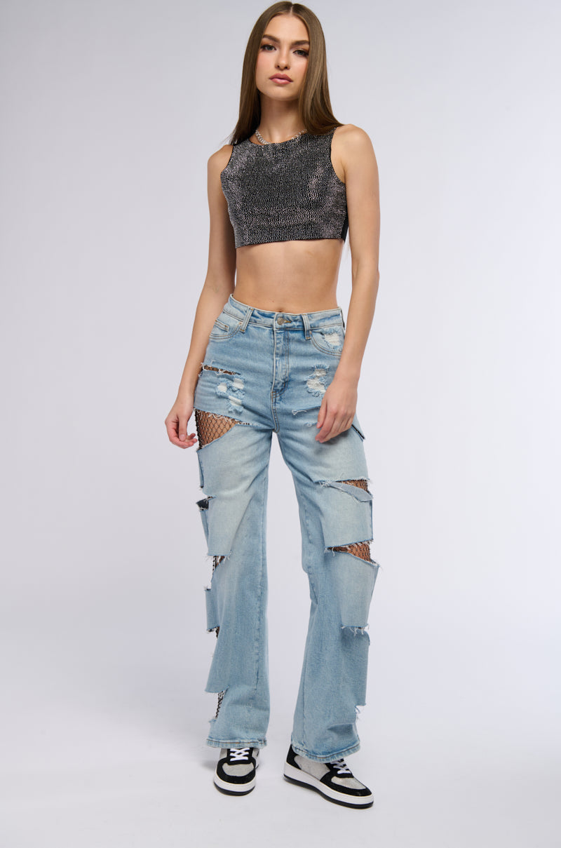 OUT OF THIS WORLD RHINESTONE CUT OFF CROPPED TANK IN BLACK