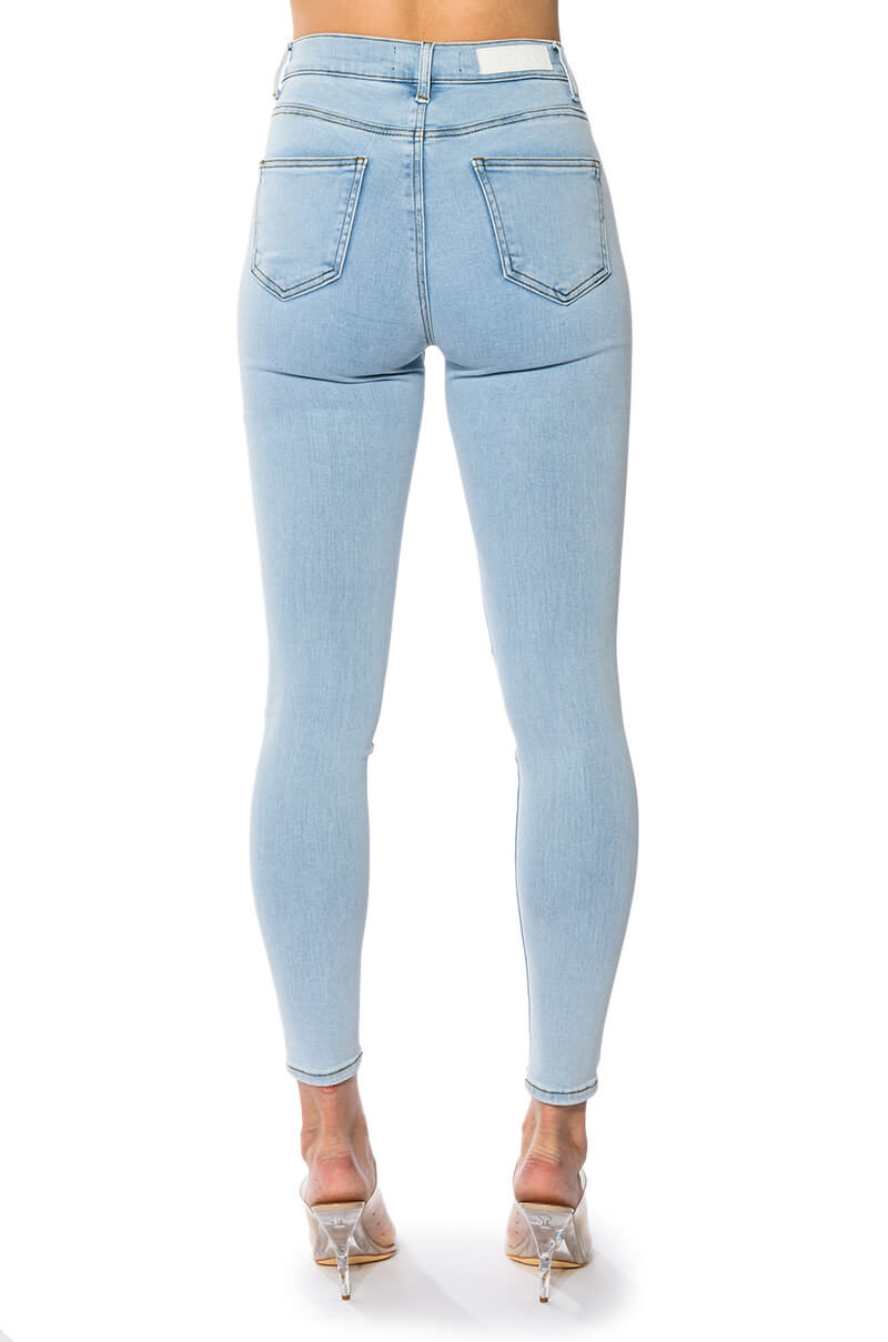 OUTTA THIS WORLD DISTRESSED RHINESTONE HIGH RISE SKINNY JEANS