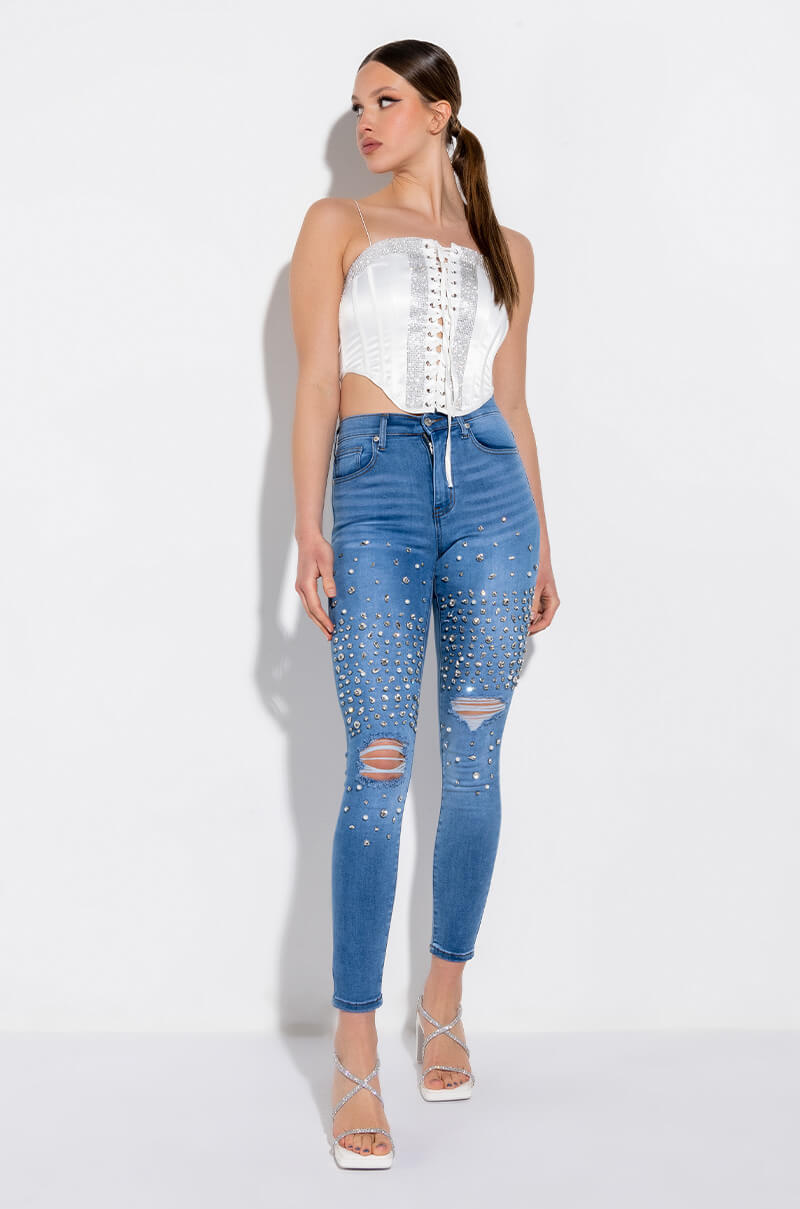 OUTTA THIS WORLD DISTRESSED RHINESTONE HIGH RISE SKINNY JEANS