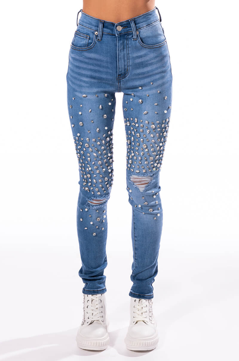 OUTTA THIS WORLD DISTRESSED RHINESTONE HIGH RISE SKINNY JEANS