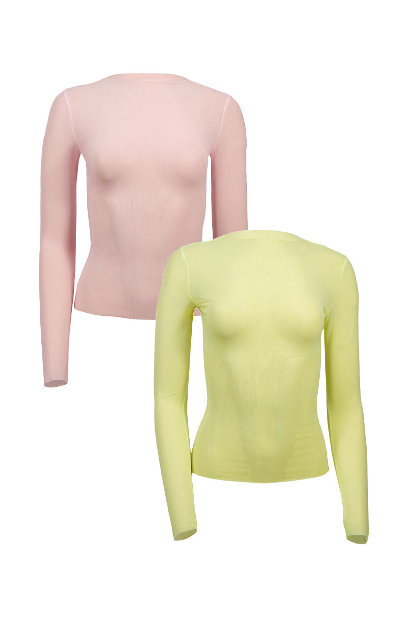 PAXTON TWO PACK RAW HEM LONG SLEEVE MESH TEES IN PINK AND YELLOW