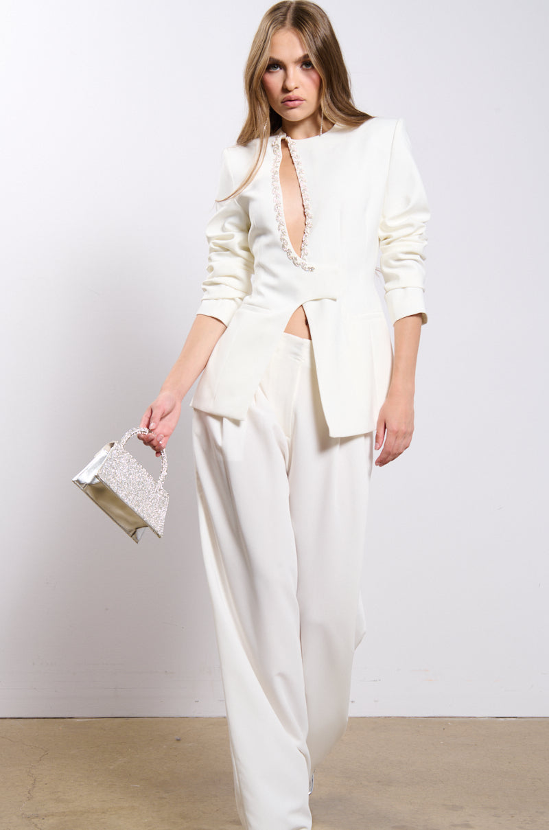PEEK A BOO RHINESTONE ACCENT BLAZER IN WHITE