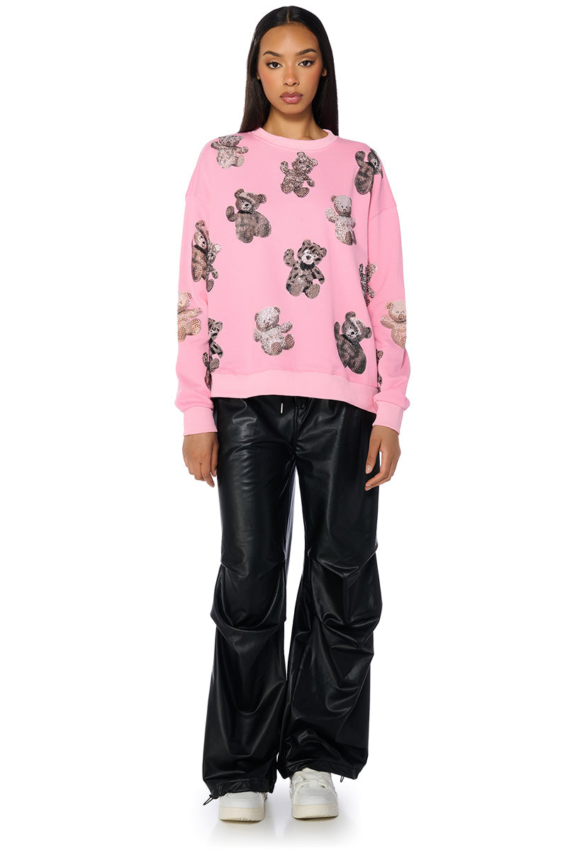 PINK BABY BEAR CREW NECK EMBELLISHED SWEATSHIRT