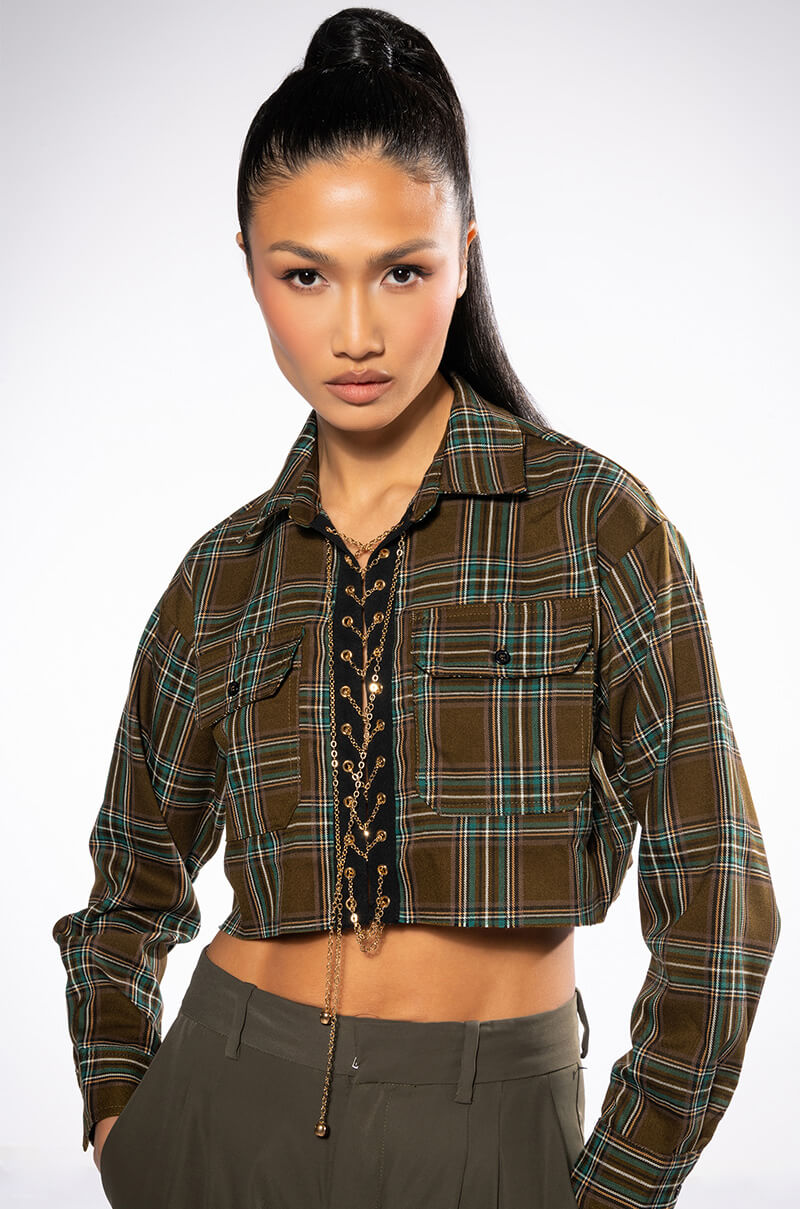 PLAID ROMANCE CHAIN LACE UP CROPPED BLOUSE