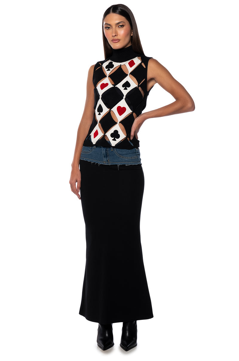 PLAYING CARDS TURTLENECK CUT OUT KNIT TOP