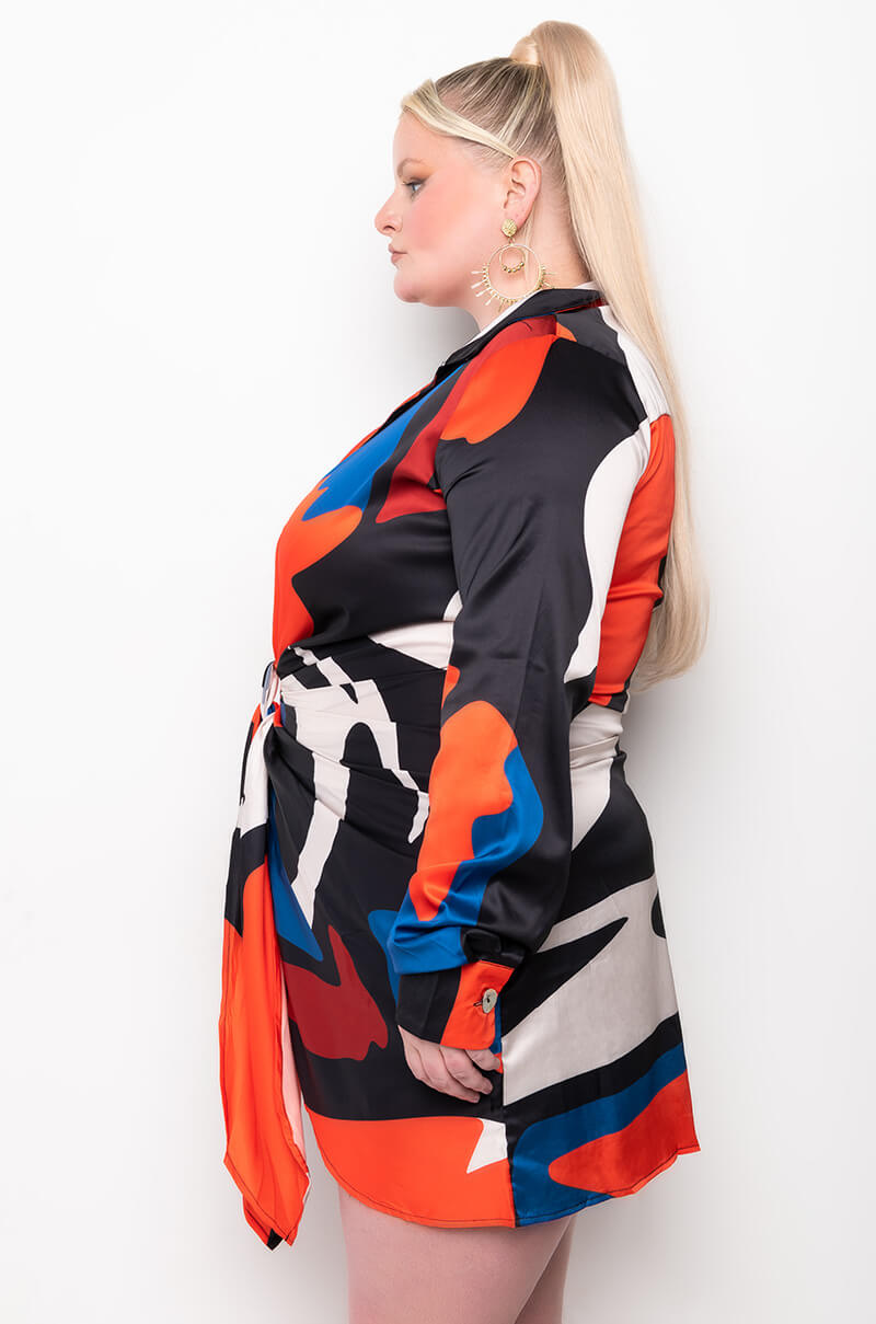 PLUS ABSTRACT SATIN SHIRT DRESS