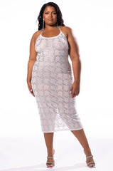 PLUS CHAIN ME UP RHINESTONE MESH MIDI DRESS