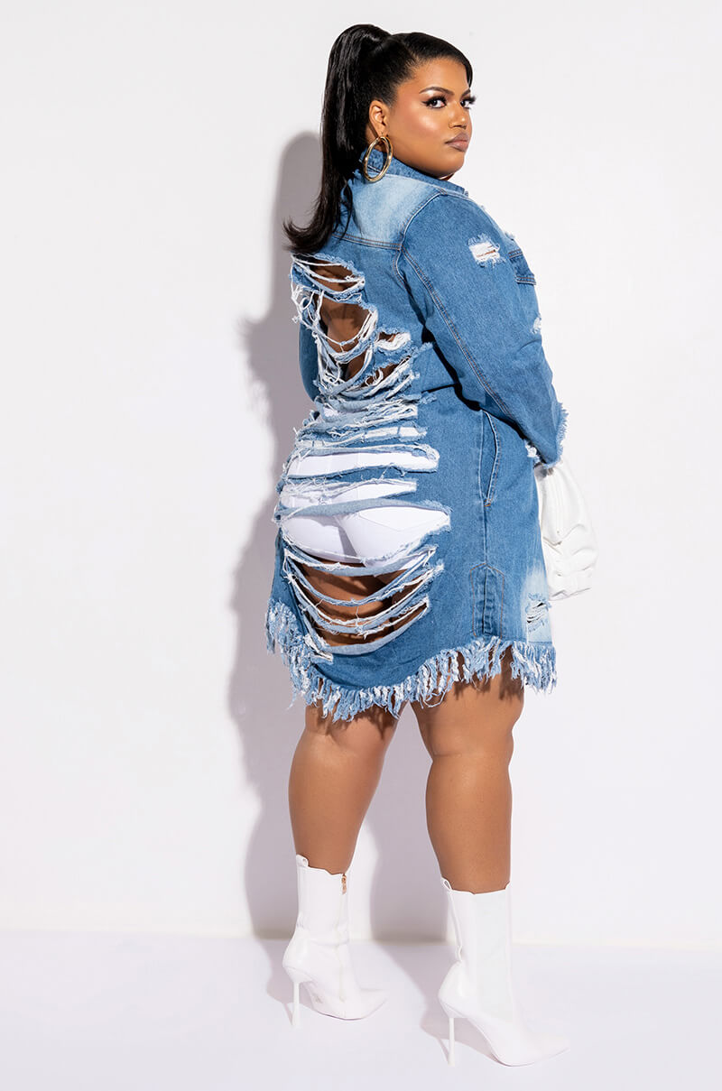 PLUS LONG DENIM JACKET WITH DISTRESSING