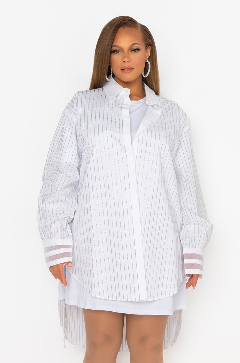 PLUS NO BASIC DAYS BUTTON UP DRESS WITH RHINESTONE DETAIL
