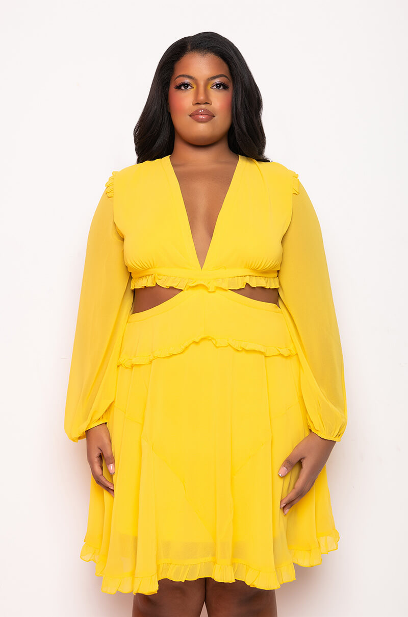 PLUS RESORT LONG SLEEVE MINI DRESS WITH CUT OUTS