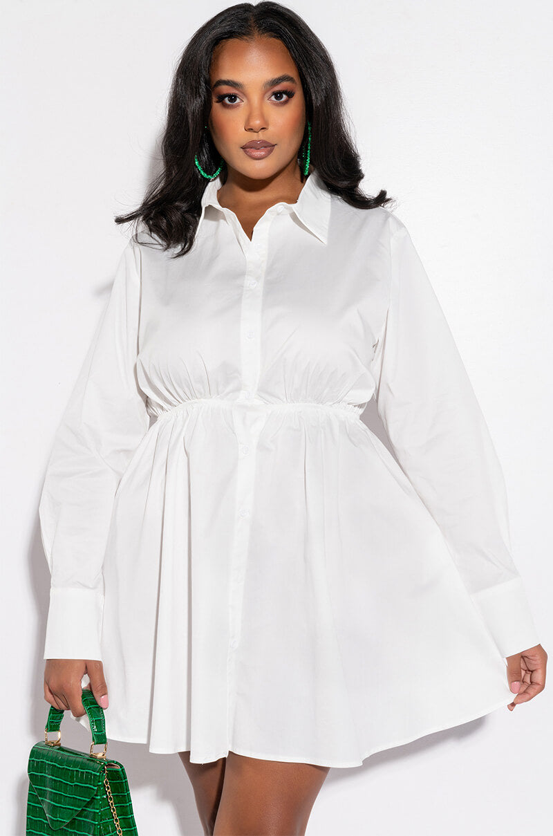 PLUS SUCH A LOOK OPEN BACK BUTTON UP FIT AND FLARE MINI DRESS