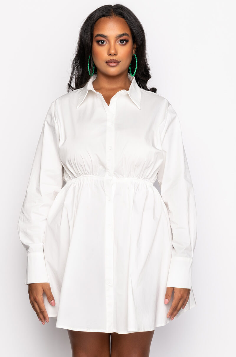 PLUS SUCH A LOOK OPEN BACK BUTTON UP FIT AND FLARE MINI DRESS