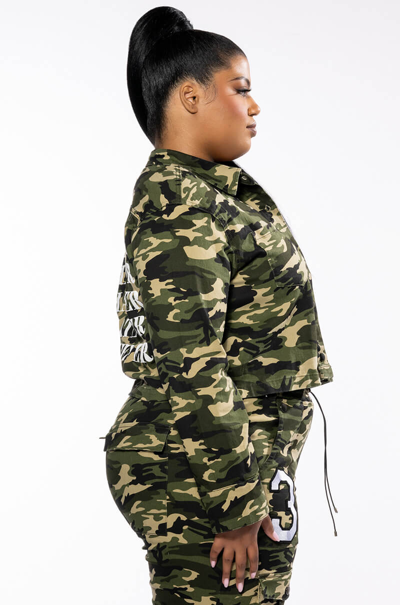 PLUS WHATEVER CAMO BOMBER JACKET