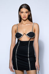POWERFUL RHINESTONE TRIM MINI DRESS