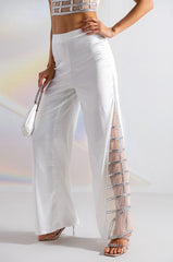 PREMIER RHINESTONE MESH PANEL SATIN WIDE LEG PANT