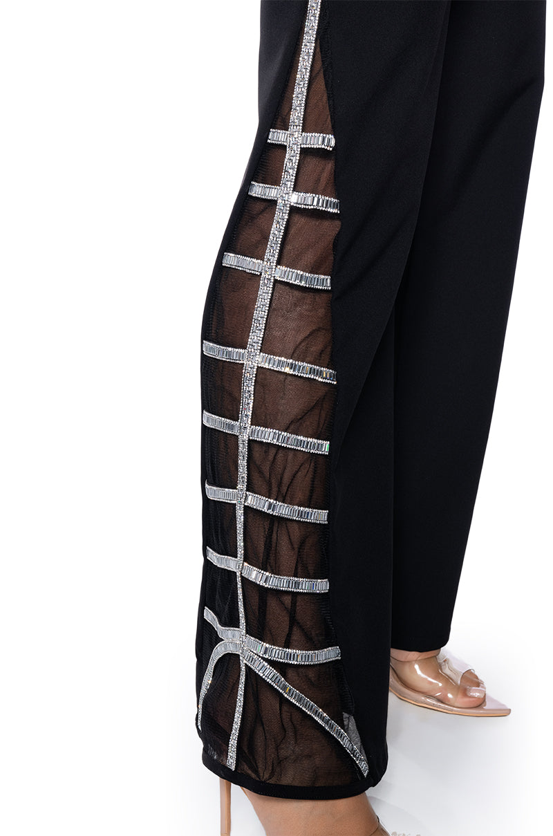 PREMIER RHINESTONE MESH PANEL SATIN WIDE LEG PANT
