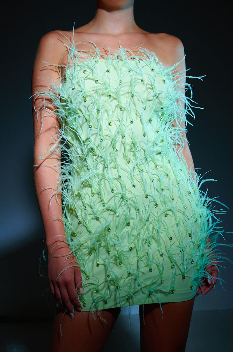 PRIMROSE STRAPLESS FEATHER MINI DRESS