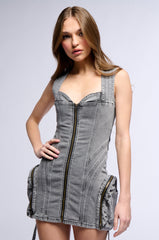 PRINCESS TREATMENT STRAPPY CARGO DENIM MINI DRESS IN BLACK
