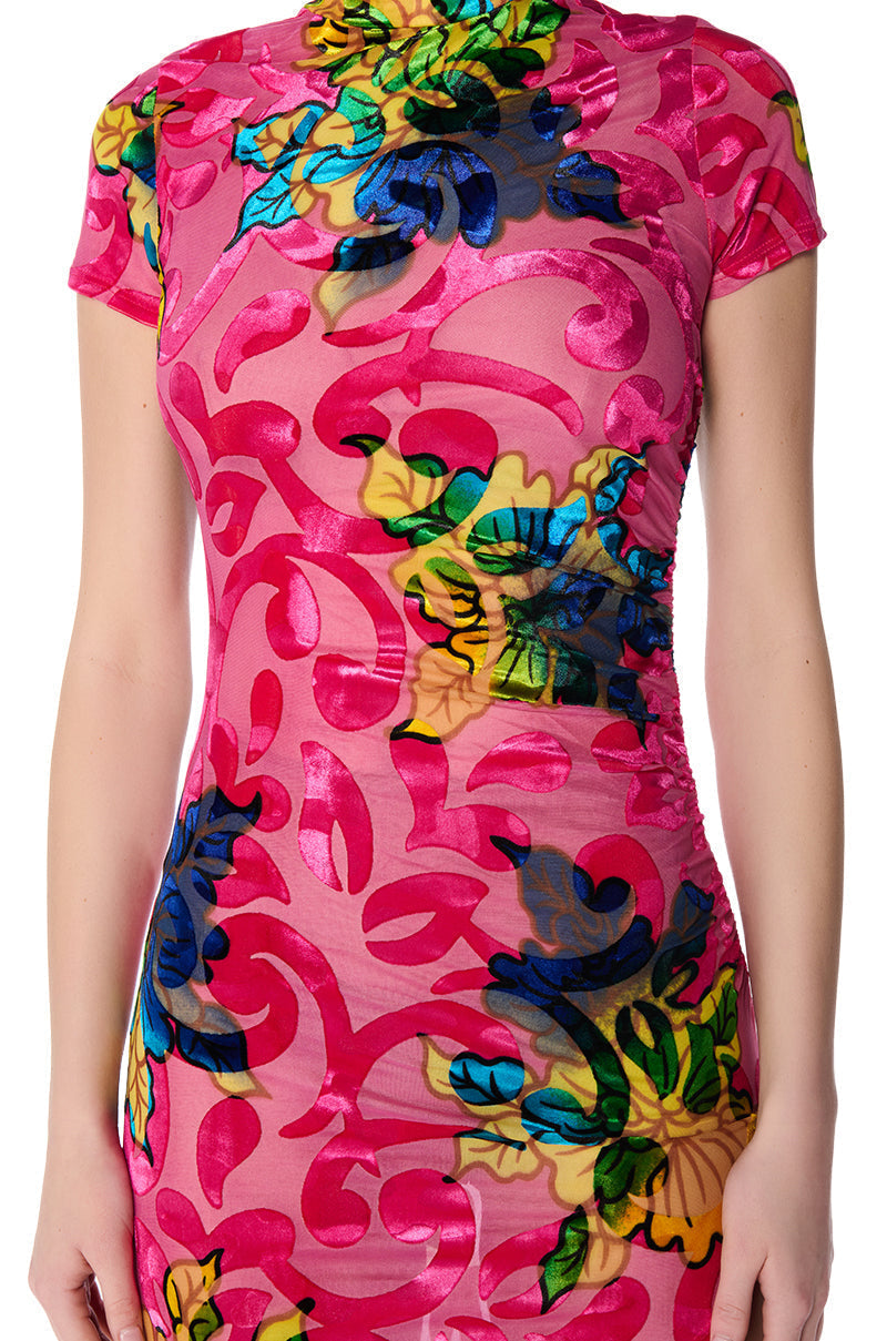 PRIYANKA PAISLEY BURNOUT MIDI DRESS IN PINK