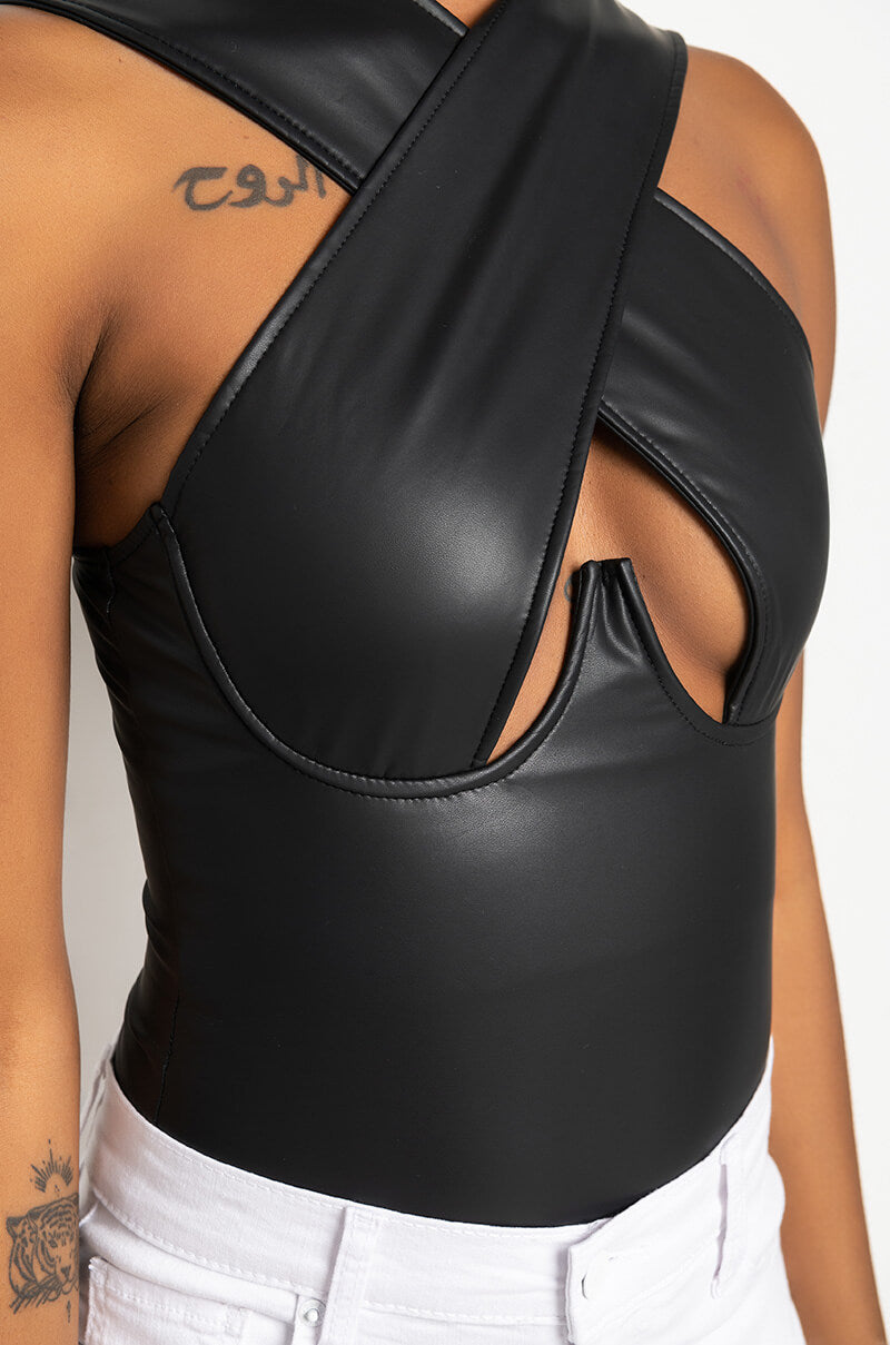 PROVOCATIVE PLEATHER SLEEVELESS BODYSUIT