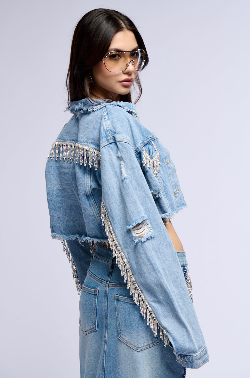 PURE HAPPINESS RHINESTONE CROPPED DENIM JACKET IN BLUE