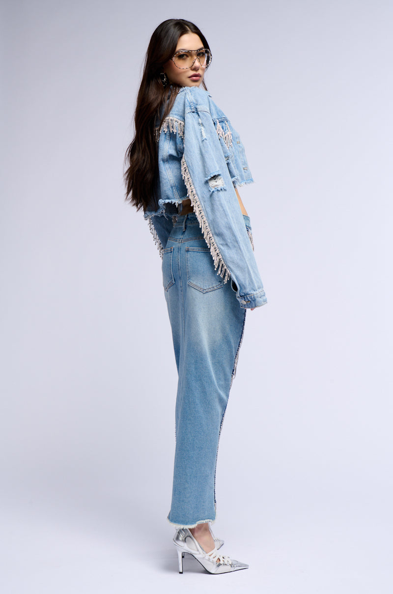 PURE HAPPINESS RHINESTONE CROPPED DENIM JACKET IN BLUE