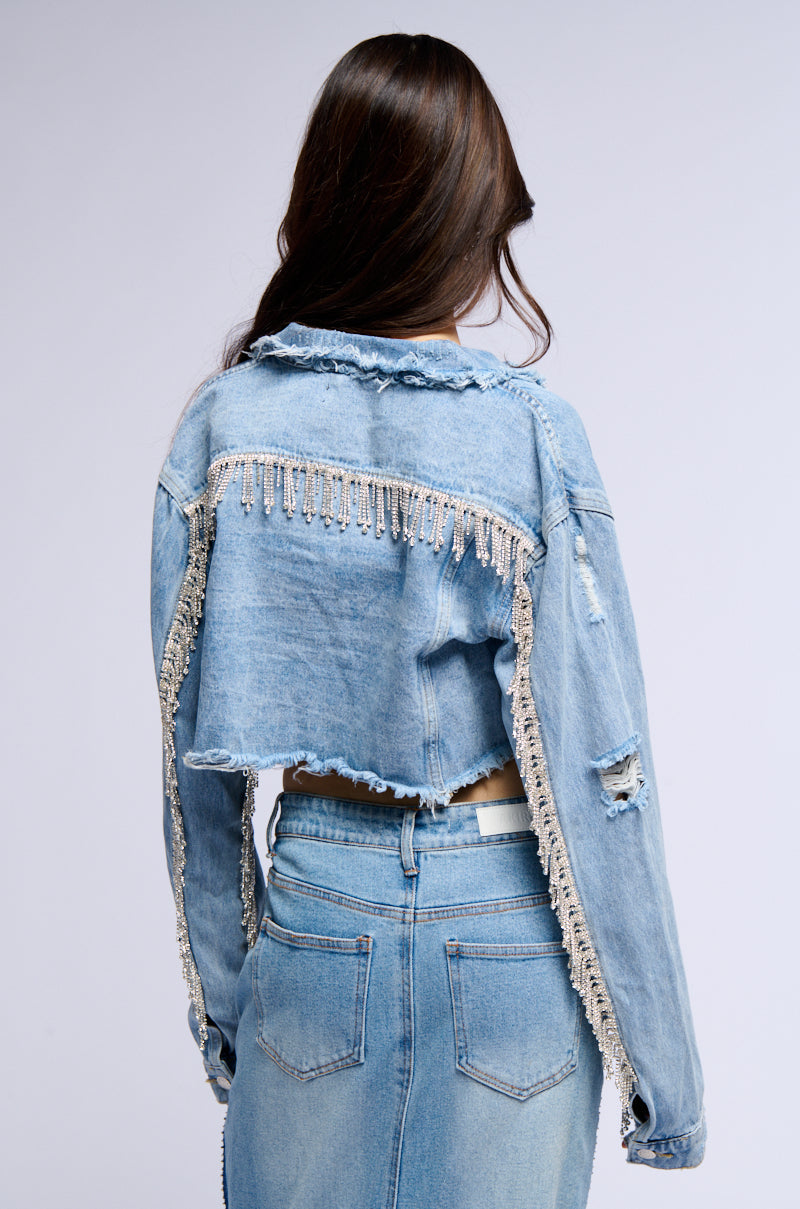 PURE HAPPINESS RHINESTONE CROPPED DENIM JACKET IN BLUE