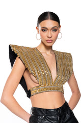 QUEEN OF EVERYTHING GOLD EMBELLISHED HIGH SHOULDER TOP