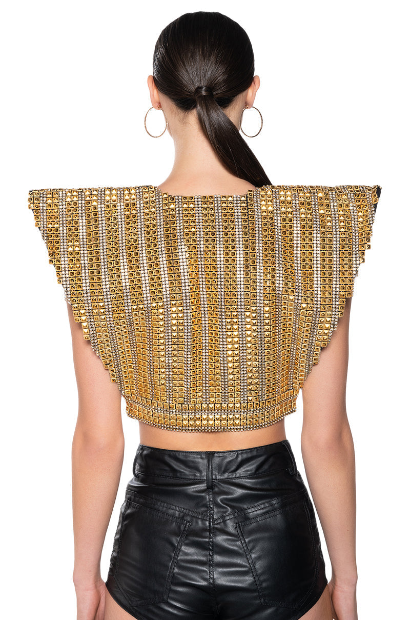 QUEEN OF EVERYTHING GOLD EMBELLISHED HIGH SHOULDER TOP