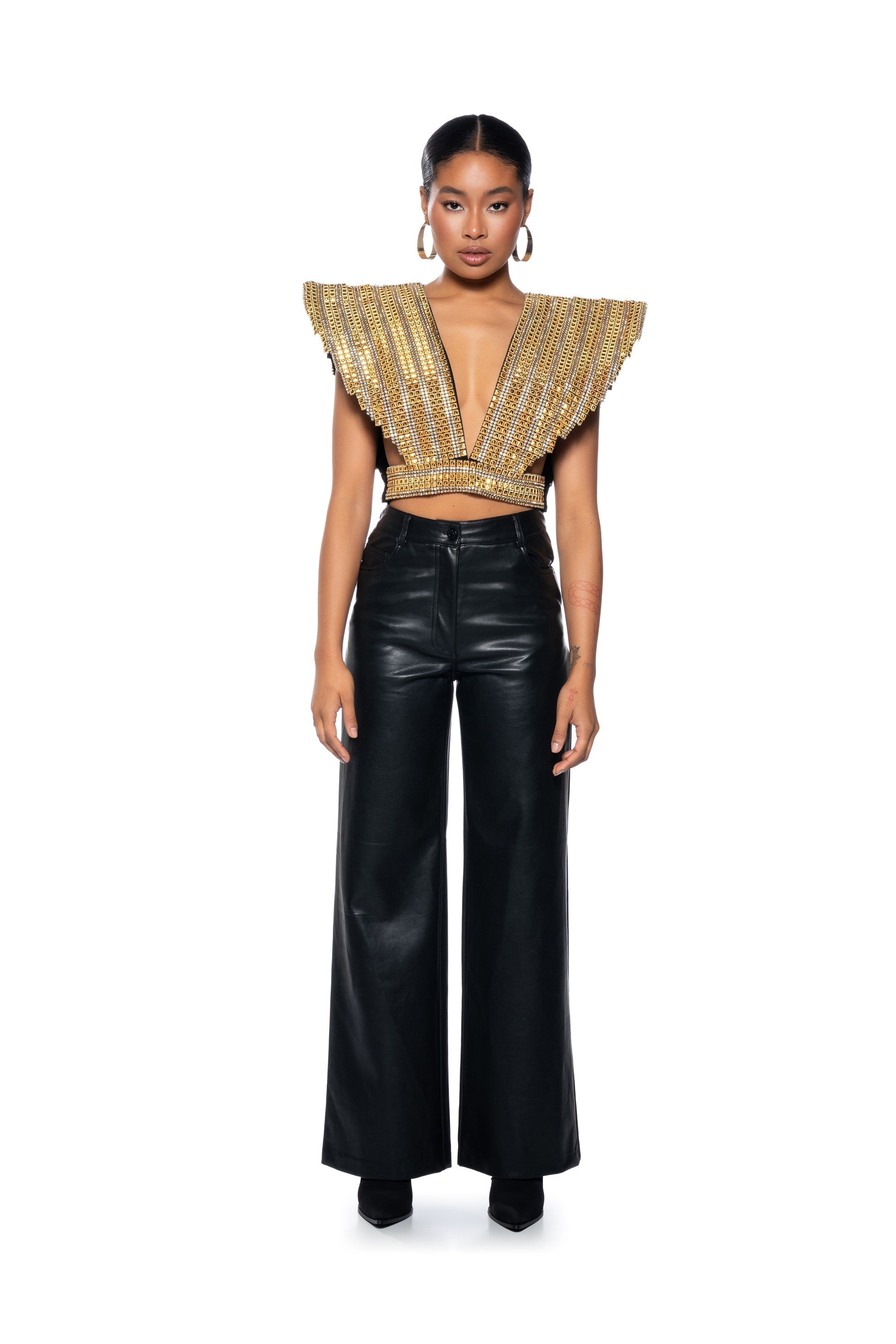 QUEEN OF EVERYTHING GOLD EMBELLISHED HIGH SHOULDER TOP