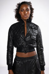 QUILTED CHOCOLATE PU BOMBER