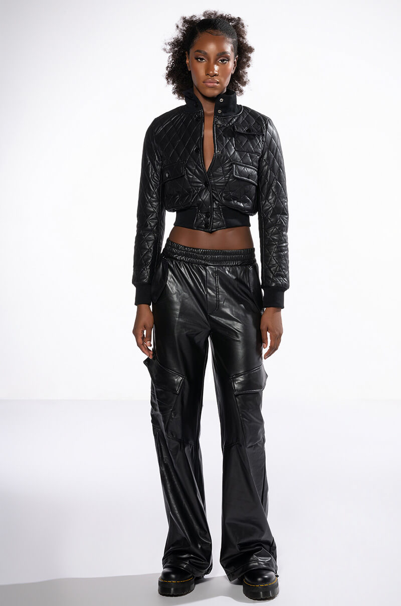 QUILTED CHOCOLATE PU BOMBER