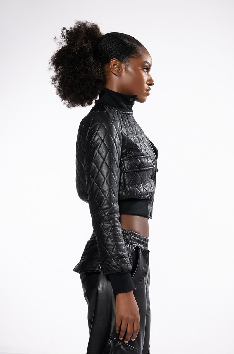 QUILTED CHOCOLATE PU BOMBER