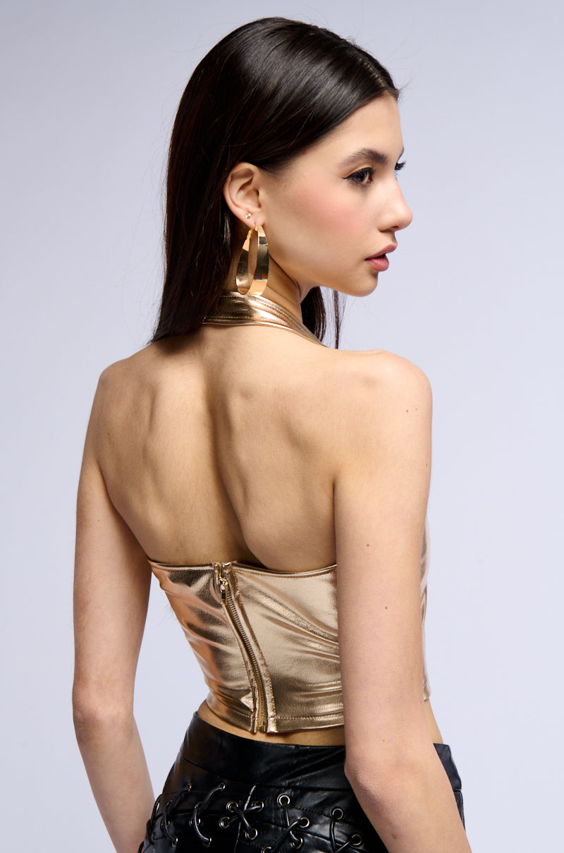 RADIATE FAUX LEATHER METALLIC HALTERNECK BRALETTE