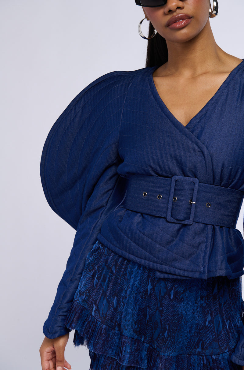 RAINA DRAMATIC SLEEVE BELTED BLOUSE