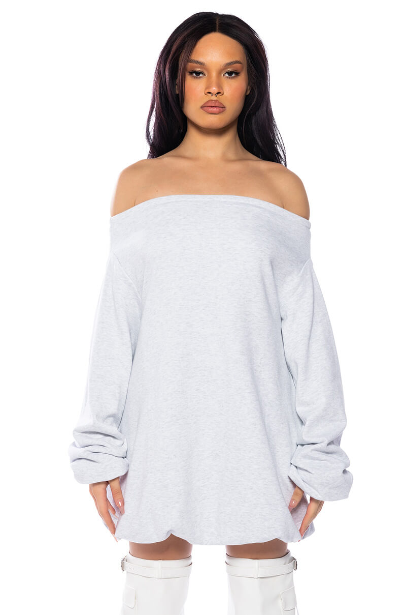 RELAXED CUTIE FRENCH TERRY OFF THE SHOULDER MINI DRESS