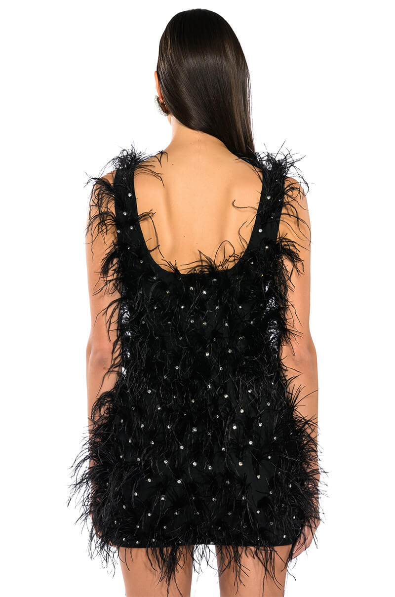 RENDEZVOUS SLEEVELESS FEATHER MINI DRESS