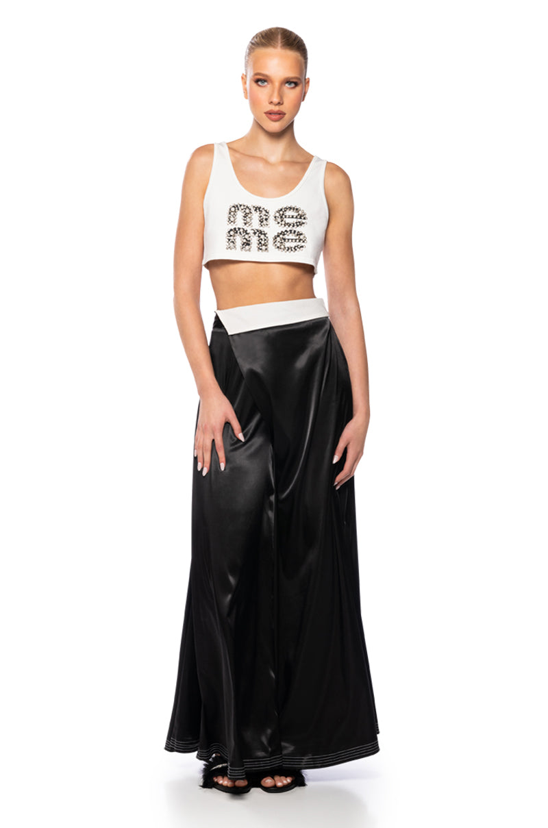 RISKY BUSINESS WRAP AROUND WIDE LEG SATIN PANT