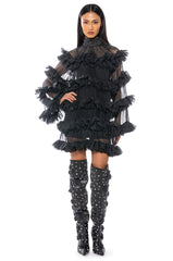 ROMANTIC LAYERED RUFFLES LONG SLEEVE MINI DRESS