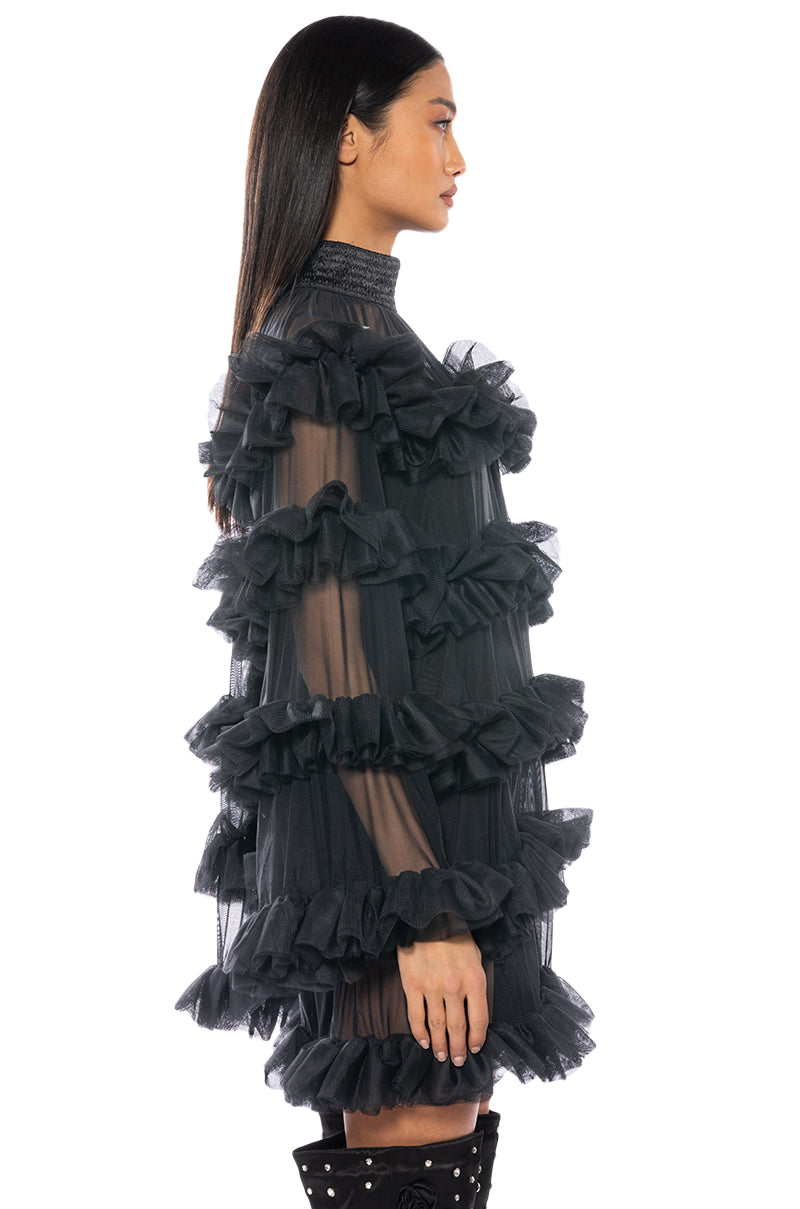 ROMANTIC LAYERED RUFFLES LONG SLEEVE MINI DRESS